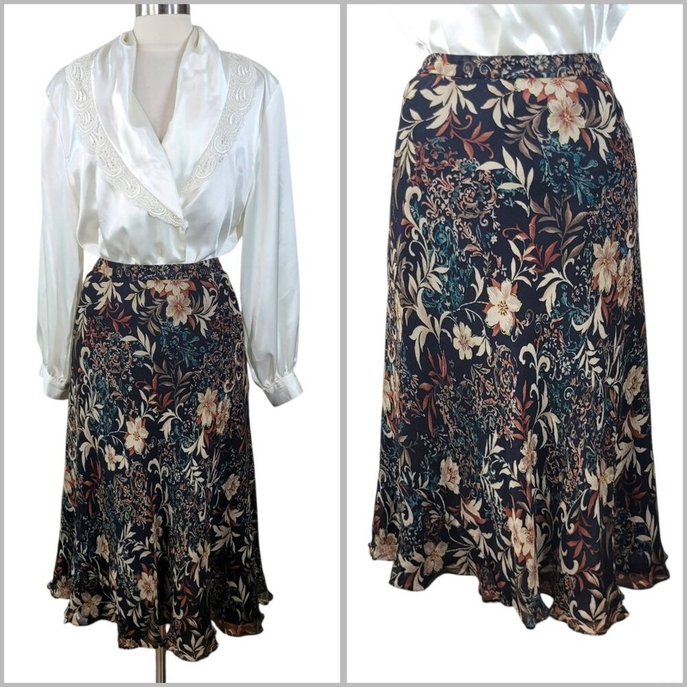 Vtg Kate Hill Silk Chiffon Skirt 10 Midi Layered Floral alt Royalcore Long